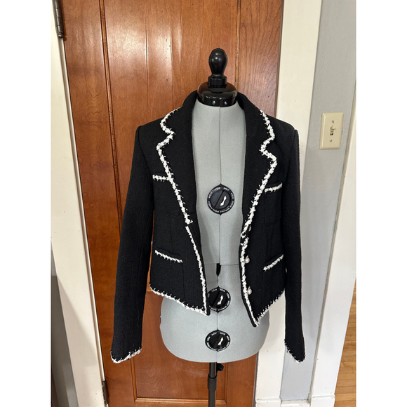 S | Black Tweed Blazer with White Fringe Trim, Pearl Buttons - Picture 1 of 3